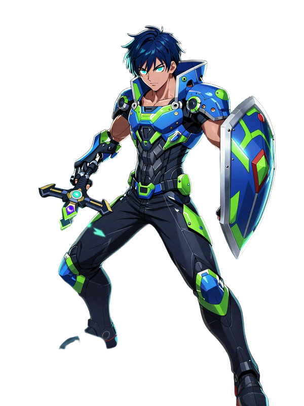 Fantasy-Anime-Charakter Max in leuchtender R&uuml;stung mit Sportwetten-Hologrammen im Cyberpunk-Stil