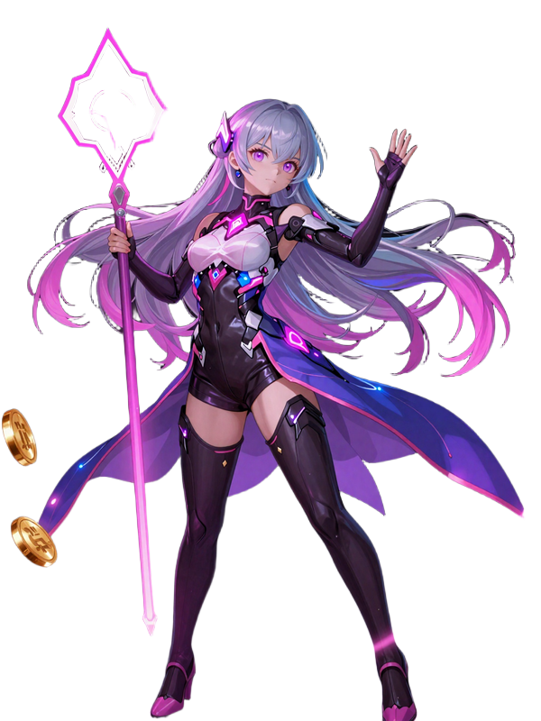 Fantasy-Anime-Charakter Eva mit magischem Stab und Neon-Bonus-Effekten im Cyberpunk-Stil