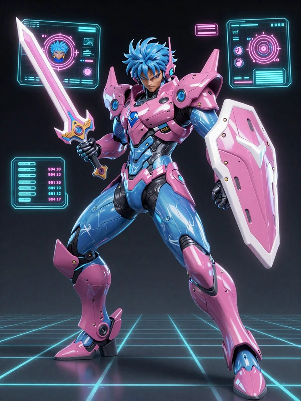 Fantasy-Anime-Charakter Max in leuchtender Cyberpunk-R&uuml;stung mit Sportwetten-Hologrammen und Neon-Effekten